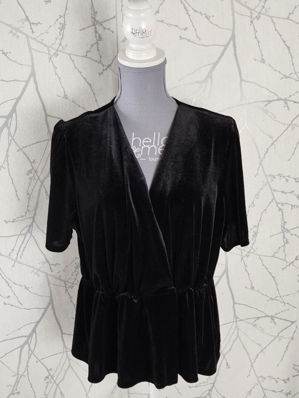 WD.NY Black Velvet Snap Closure Peplum Faux Wrap Blouse